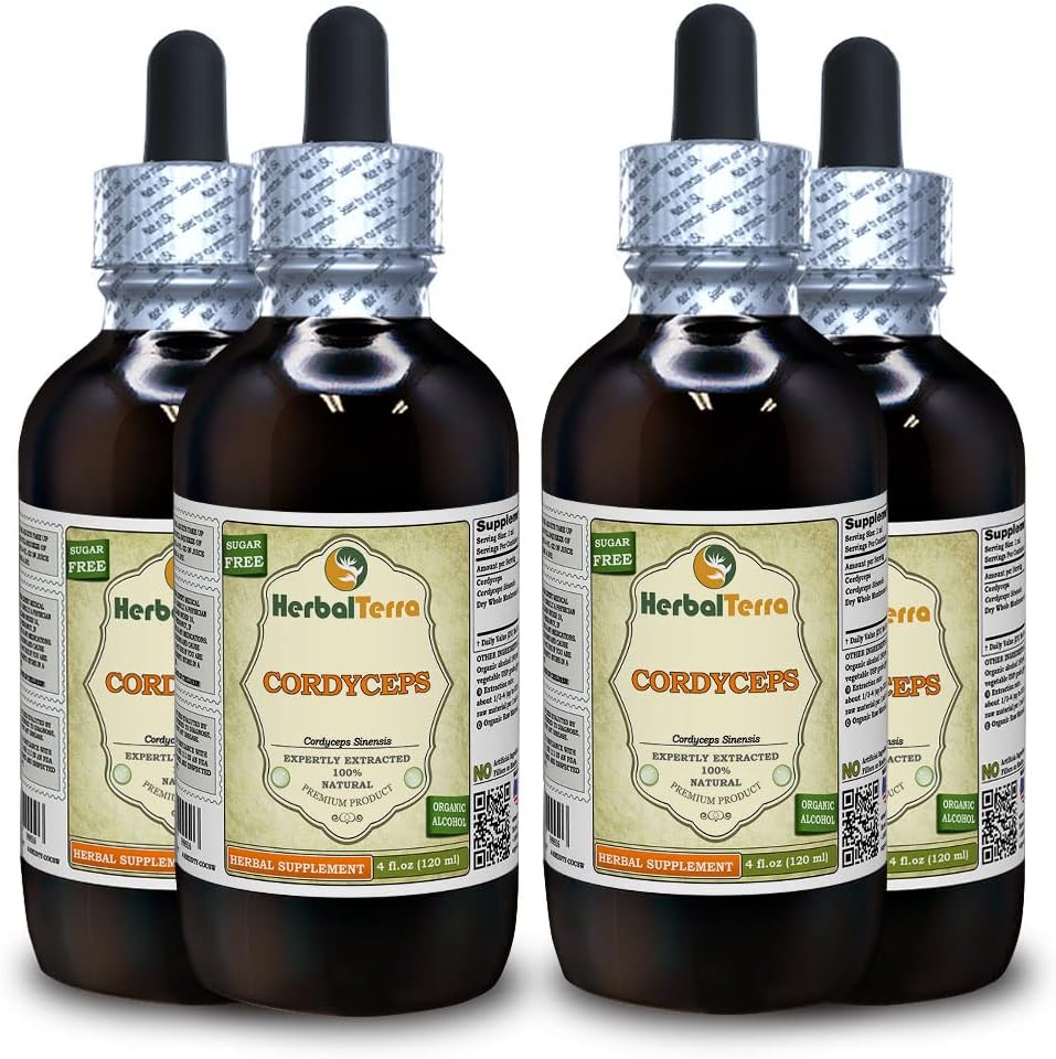 Cordyceps (Cordyceps Sinensis) Tinctuur, Biologische Gedroogde Paddestoel Poeder Liquid Extract (Grote Naam: HerbalTerra, Trots Made in USA) 4x4 fl.oz (4x120 ml)
