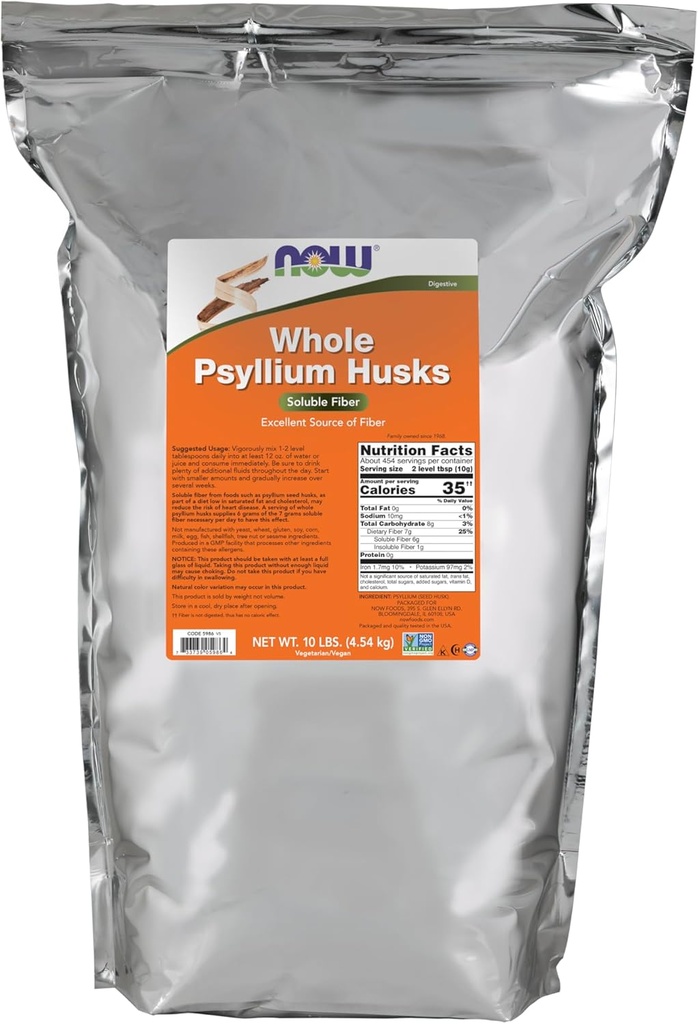 NOW Foods Supplements, Whole Psyllium Husks, Non-GMO Project geverifieerd, Oplosbare vezel, 10-Pond