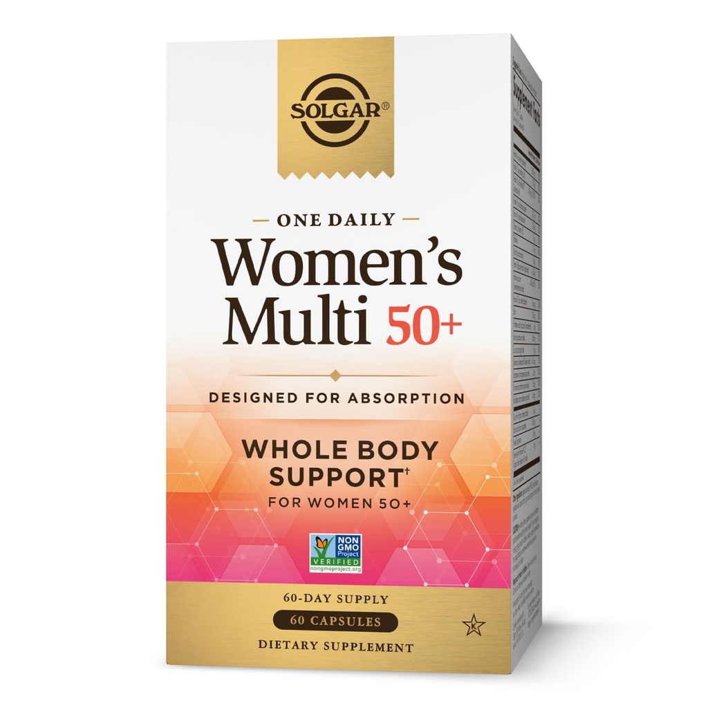 Solgar One Daily Women's Multi 50+ Soutien du corps entier pour les femmes de 50 ans et plus - Cœur, os et santé mammaire hautement absorbant, énergie, stress, peau et ongles multivitamine, 60 portions de capsules véganes