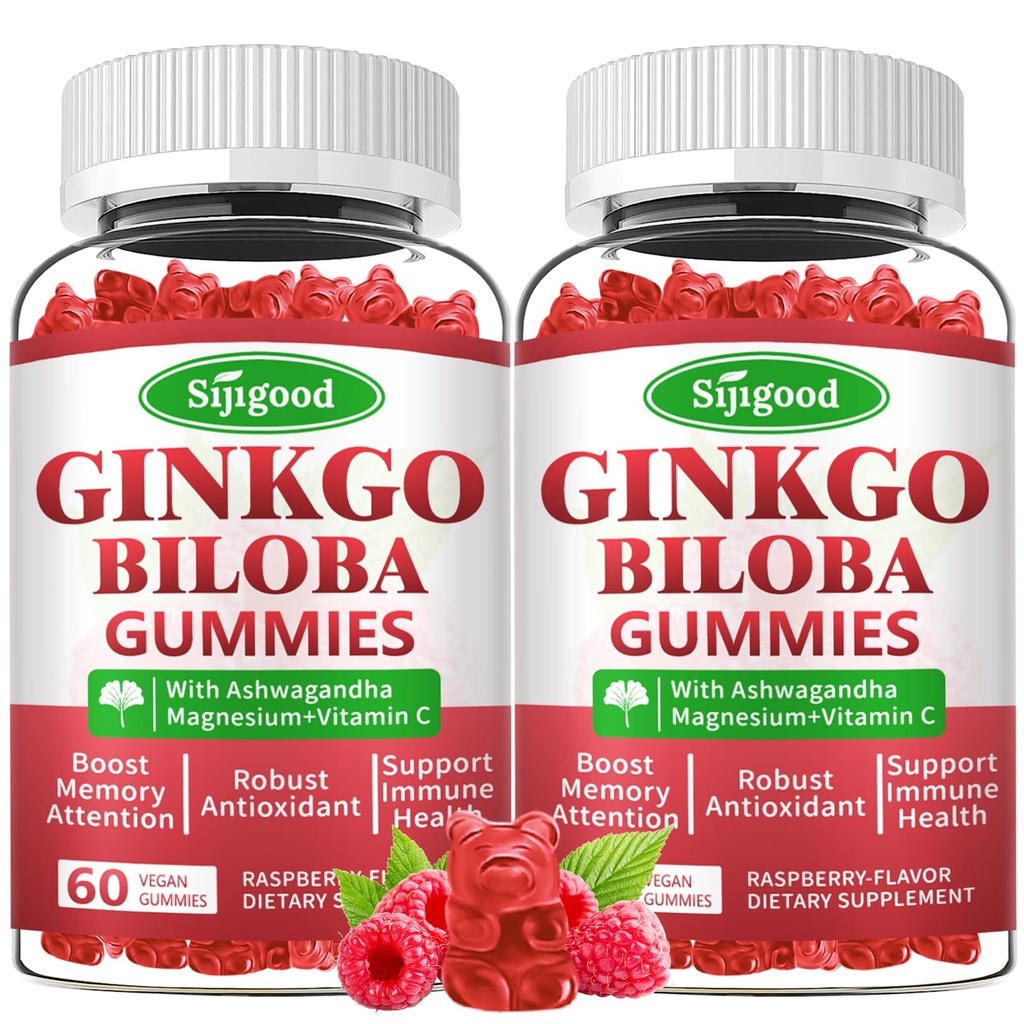 2 Pack Ginkgo Biloba Gummies avec Panax Ginseng et Magnésium, Ginkgo Biloba Suppléments pour la focus, la mémoire et la santé cérébrale pour les adultes et les enfants, Vegan Raspberry Flamvor Gummies, 120 Comte