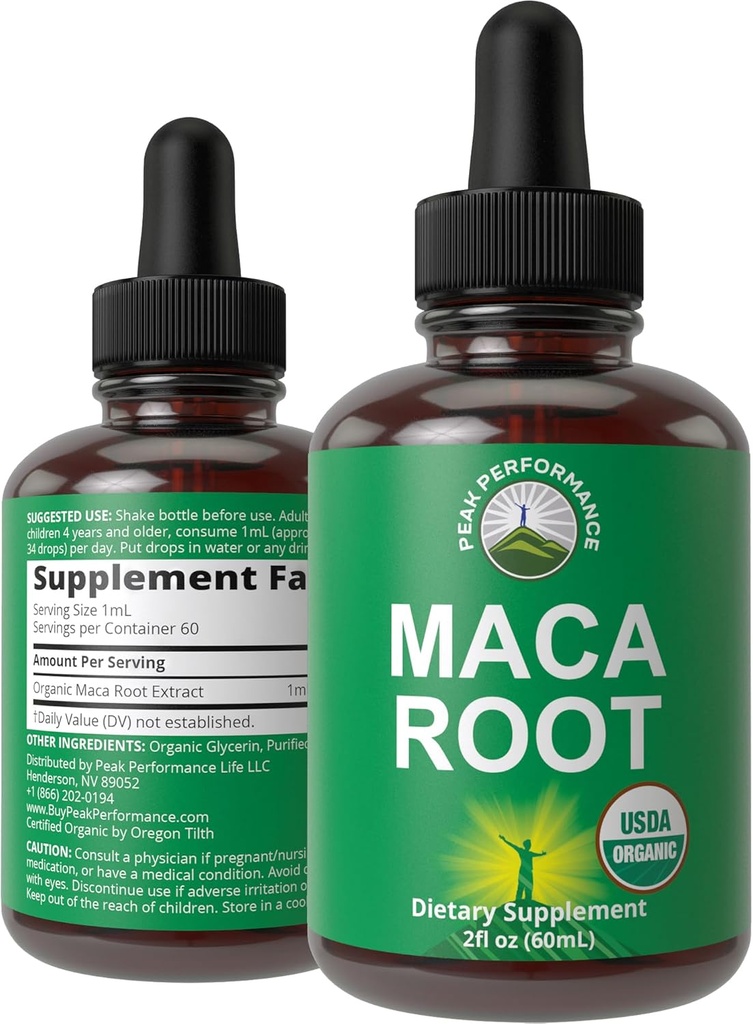 Maca Root Liquid Drops. USDA Biologische Vegan Extract Supplement voor vrouwen en mannen. Hoge biologische beschikbaarheid Supplementen. Maca For Energy, Endurance, and Mood Support. Zero Sugar, Glutenvrij, Geen capsules