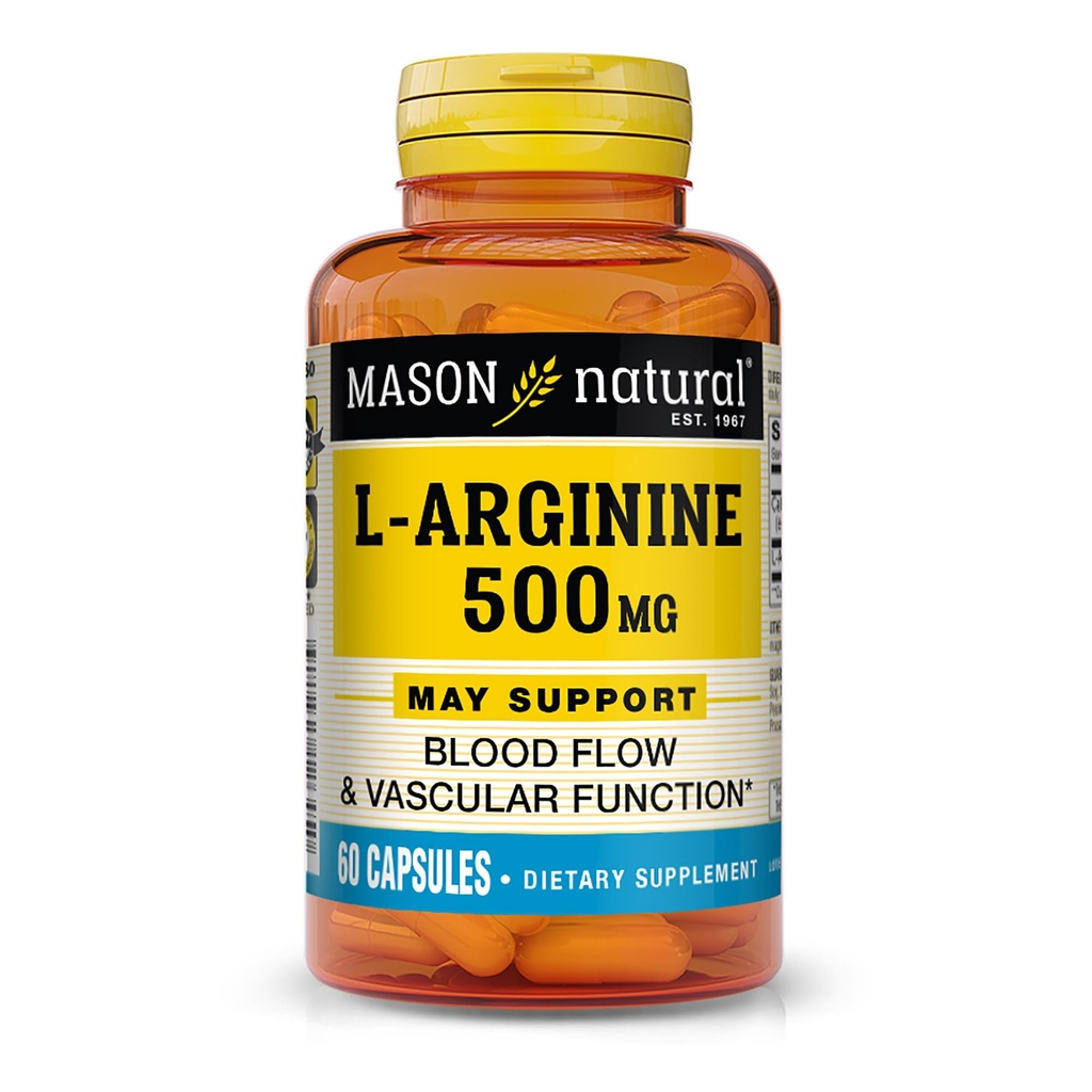 MASON NATUURLIJKE L-Arginine 500 mg met Calcium- Ondersteunt gezonde Circulatie en Bloedvatfunctie, Nitrikoxide Supplement, 60 capsules