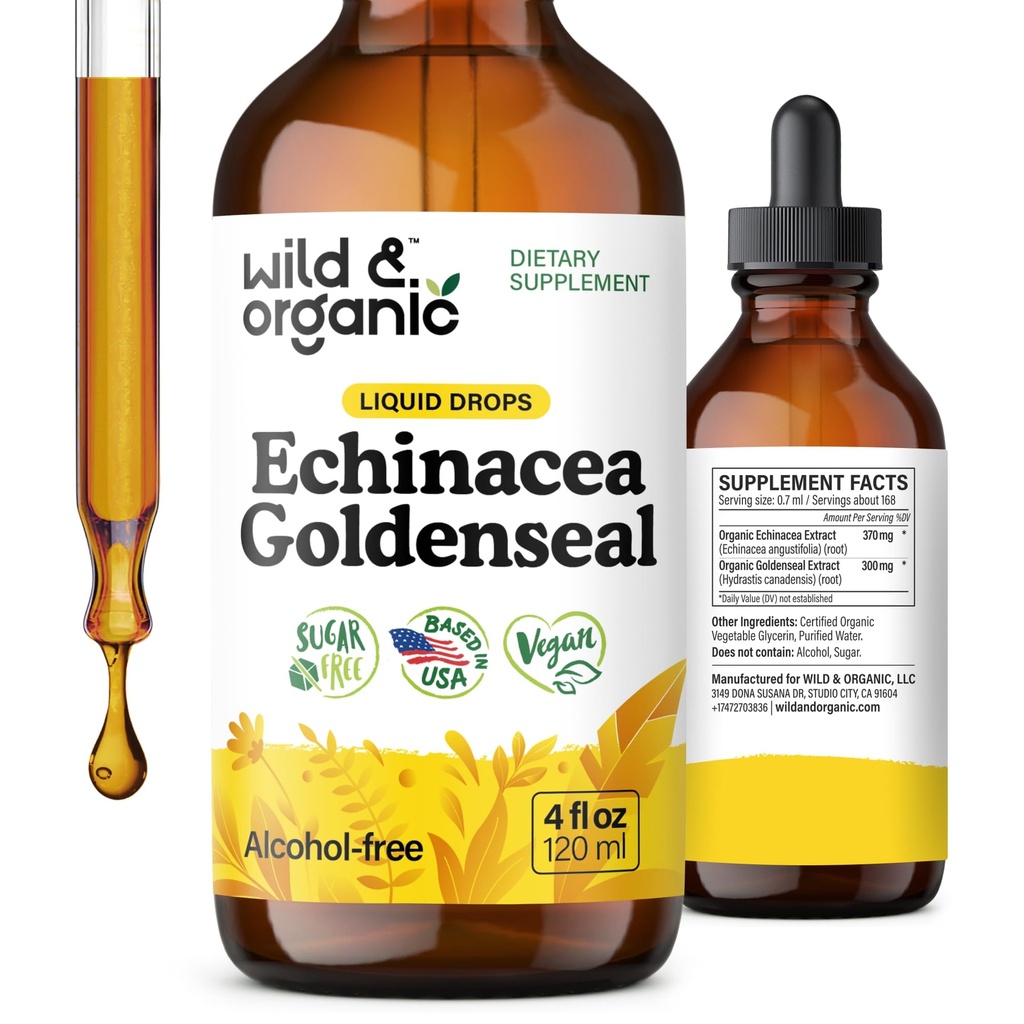 Wild & Organic Echinacea Goldenseal Tinctuur - Immune Support Drops with Echinacea and Goldenseal Root Extract - Vegan, Sugar & Alcohol-Free Liquid Supplement - 4 fl oz