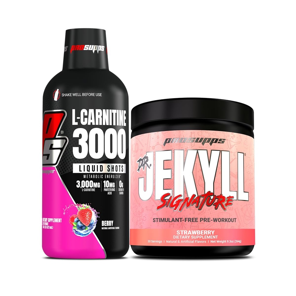 PROSUPPS L-Carnitine 3000 Stimulant Liquid Shots (Berry) Dr. Jekyll Signature Intense Focus, Energy & Pumps Pre-Workout Powder (Strawberry) Bundle