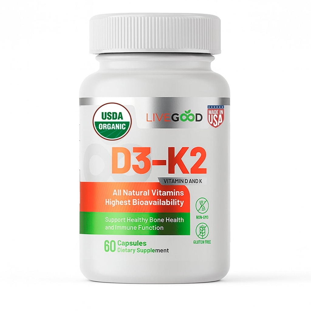 LIVEGOOD Biologische D3 K2 Supplement 2000 IE, Vegan Capsules met MK-7, Pure Vitamine D3 met K2 voor Immune, en Bone Support Made in the USA Organic D3 K2 Formula (60 Telling)