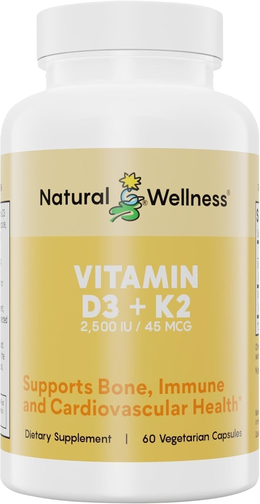 Natural Wellness Vitamin D3 + K2 – High Potency Vitamin D3 2500 IU & K2 MK-7 45 mcg – Supports Bone Strength, Heart Health, Immunity & Metabolism - All-in-One Natural Vegan Supplement, 90 Capsules