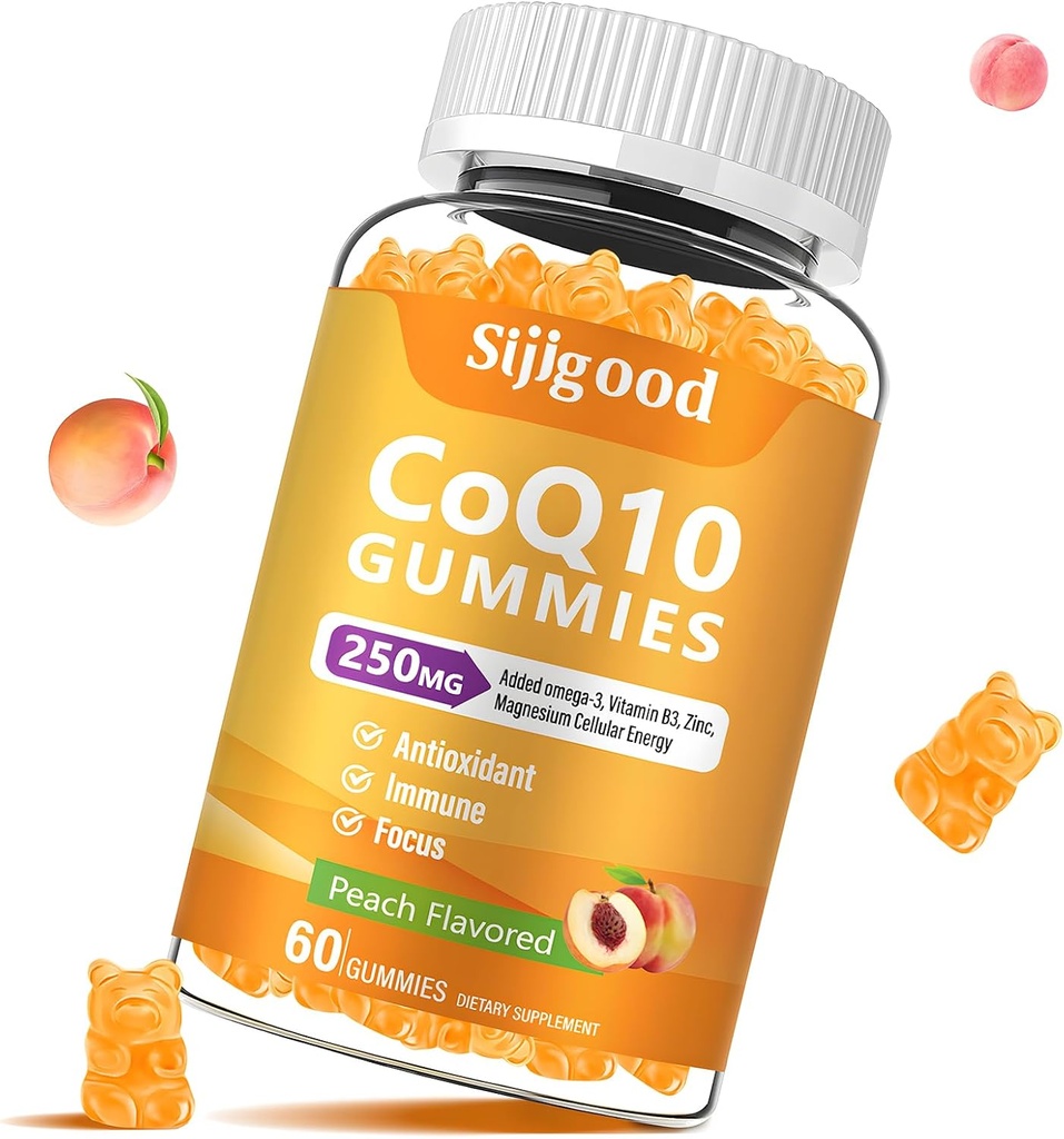 Suikervrij CoQ10 Gummies, Plus Omega-3, Vitamine B3 en Zink, Magnesium, 5X Hoge Absorptie Co-enzym Q10 Supplementen, q10 Boost Cellular Energy, Potent Antioxidant & Hersen, Perzik smaak, 60 Ct