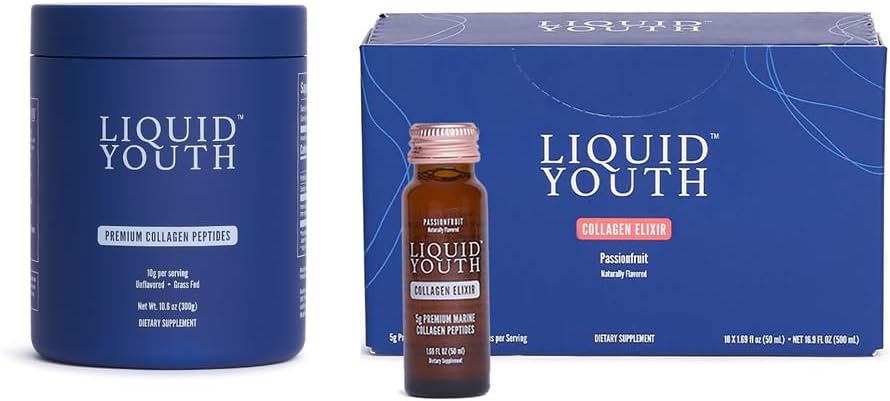 Collageen Peptides Powder & Passion Fruit Liquid Collageen Shots for Women & Men - Type I & III Premium Grass-fed Bove & Marine Collageen - for Hair Growth, Skin, Nail, Bone, Joint Health (40 Servings)