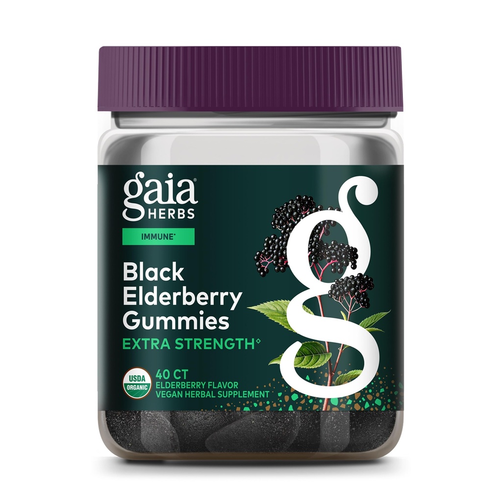 Gaia Kruiden Zwarte Vlierbes (Sambucus Nigra) Extra kracht Gummies - Delicious Immune Support Supplement - Gemaakt met Certified Biologische Zwarte Vlierbessen voor Immune System Support - 40 Gummies