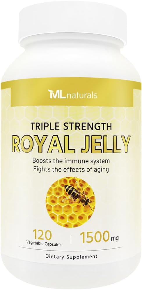 ML Naturals Royal Jelly 1500mg 120 plantaardige capsules, equivalent aan 6% (27mg) 10-HDA. Gevriesdroogd, Glutenvrij, NSF-gecertificeerd en cGMP-compliant