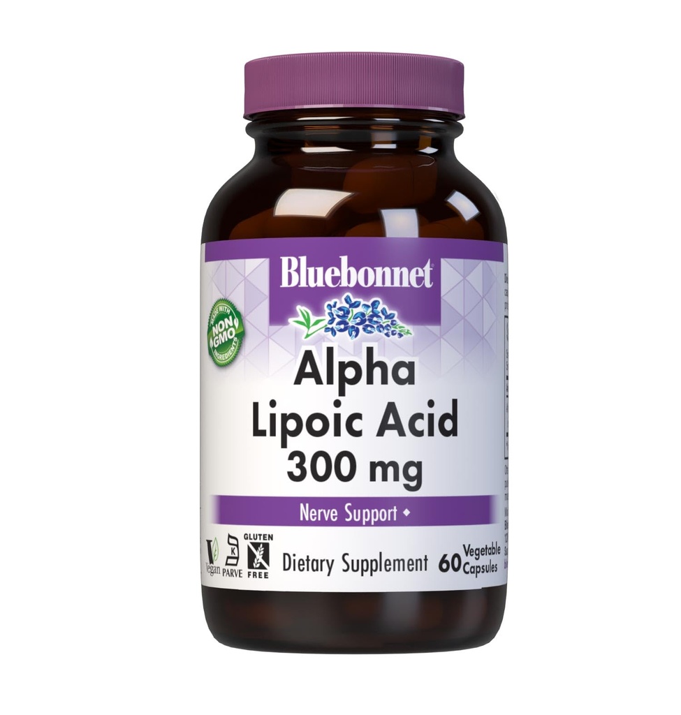 BlueBonnet Alpha acide lipoïque 300mg - puissant supplément de soutien antioxydant pour les femmes et les hommes - non-OGM, végétalien, casher - sans gluten, sans soja, sans lait - 60 capsules végétales