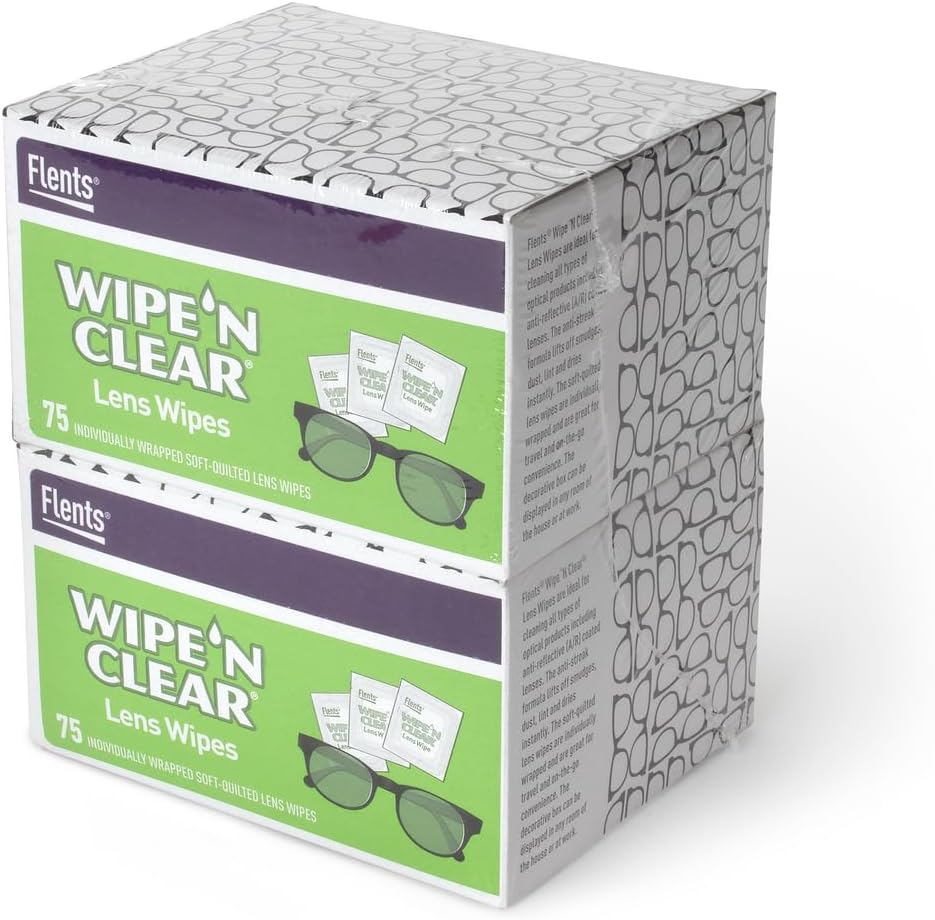 Flents Lens Wipes, Wipe 'N Clear, 150 Count, Pre-Moistened, Streak-Free, Safe for Glazen, Zonnebril, Gentle Cleaning, Clear Vision, Individually Wrapped for Travel & Convenience, Made in the USA
