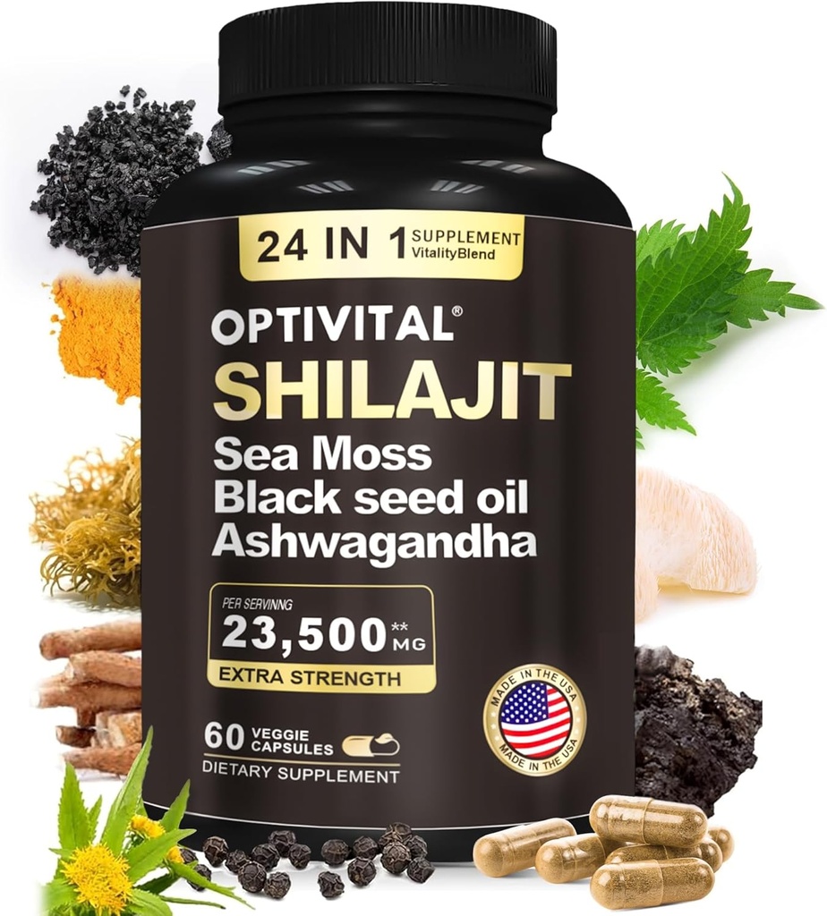 Pure Himalaya Organic Shilajit for Men & Women Sea Moss, Black Seed Oil, Ashwagandha, Rhodiola & Burdock, Ginseng Cordyceps & Biloba, Nettle & Turmeric (No Fillers) (60 Caps)
