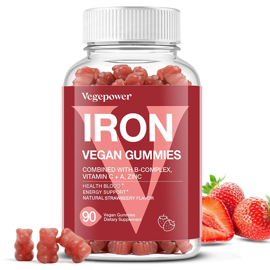 Iron Gummies Supplementen voor vrouwen en kinderen - Multivitamine met vitamine C voor energie-ondersteuning, Grote Proeverij Iron Gummy Vitaminen met Vitamine C voor Max Absorptie - Vegan, Aardbei 90 Tel.