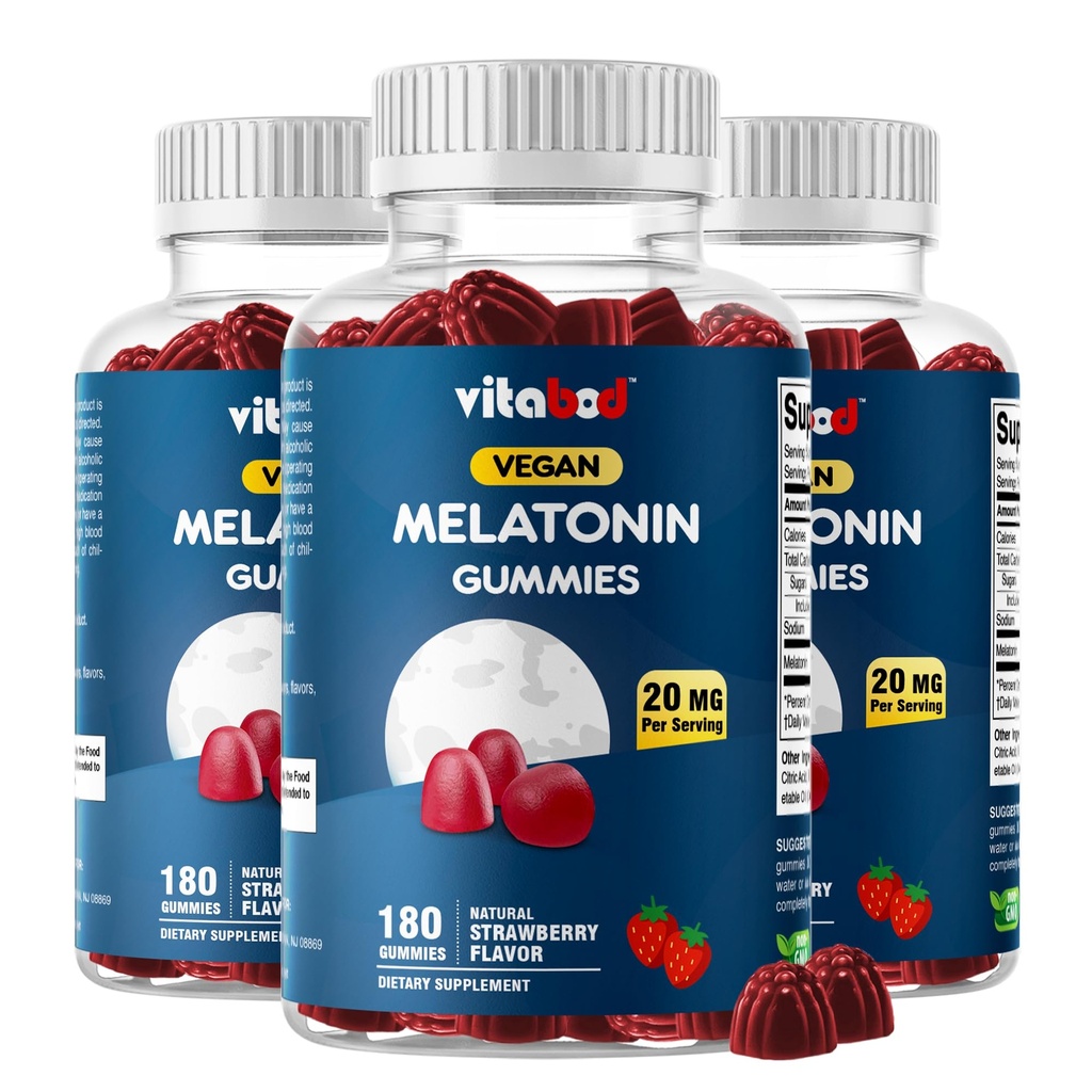 Melatonine 20mg Gummies - 180 Telling - Drugvrij - Natuurlijke aardbeiensmaak - Vegetarisch, Non-GMO, Glutenvrij (3 flessen)