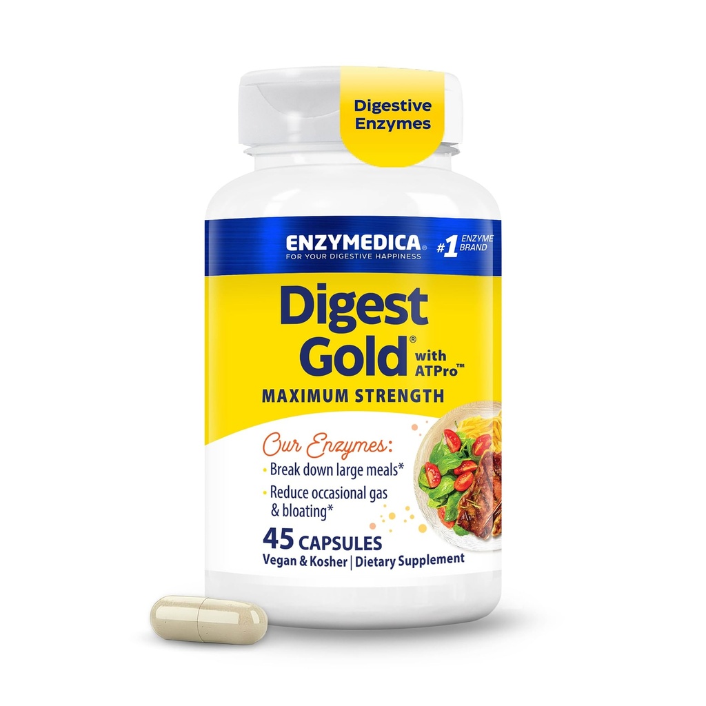 Enzymedica Digest Gold + ATPro, maximale sterkte digestieve enzymen, helpt Digest Grote Maaltijden voor Instant Bloating Relief, 45 Tellen