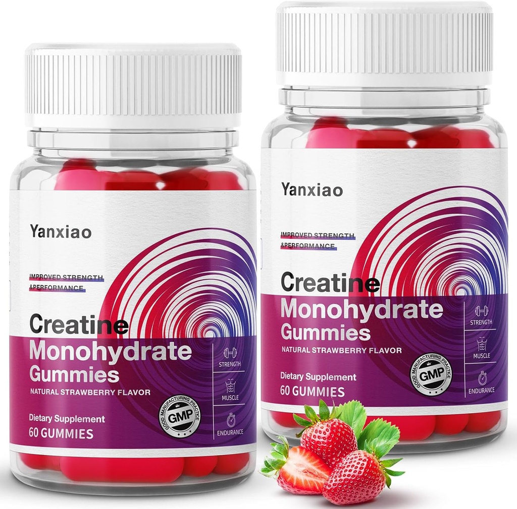yanxiao Creatine Monohydraat Gummies 5g voor mannen en vrouwen, Anti-melting formule, Suikervrije Creatine Kauwen voor spiergroei en sterkte, Bevat vitamine C en andere voedingsstoffen (120 Tel)
