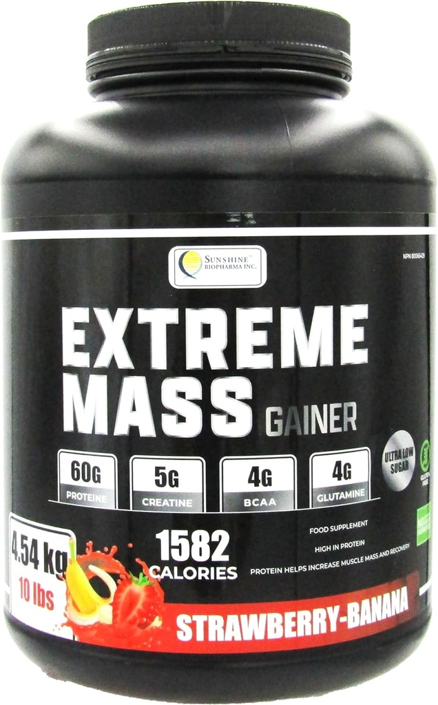 Extreme Mass Weight Gainer Muscle Builder, 10 lb (4,54 kg) met minder suiker voor intense training Gemaakt van hoge Calorie versterkte wei-eiwit (Strawberry-Banana)