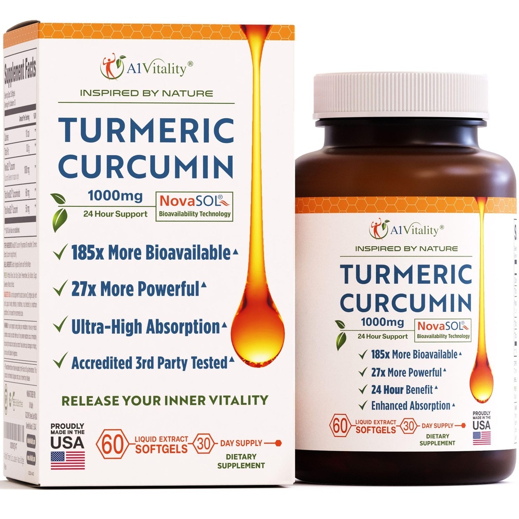 A1Vitalité NovaSOL Curcumin curcumin 1000mg – Prouvé cliniquement 185x Absorption supérieure – favorise le confort, la mobilité et le bien-être global – non-OGM, formule médicale, 60 Softgels.