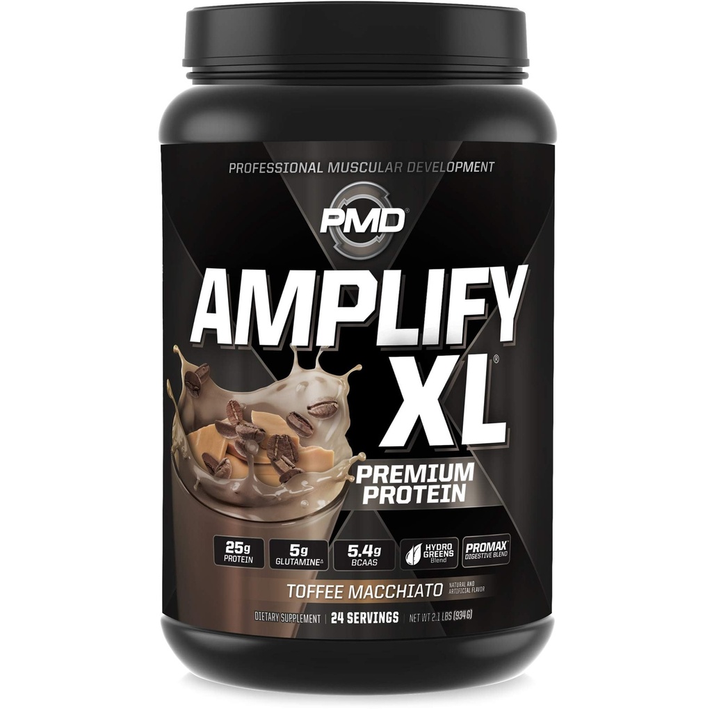 PMD Sports Amplify XL Premium Wei Proteïne Supplement Hydro Greens Blend - Glutamine en Wei Proteïne Matrix met Superfood voor spier, kracht en herstel - Toffee Macchiato (24 Servers)