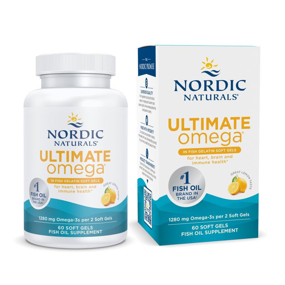 Nordic Naturals Ultimate Omega in visgelatine, citroensmaak - 60 Zachte Gels - 1280 mg Omega-3 - High-Potency Fish Oil Supplement - EPA & DHA - Promoot Brain & Heart Health - Non-GMO - 30 Servers