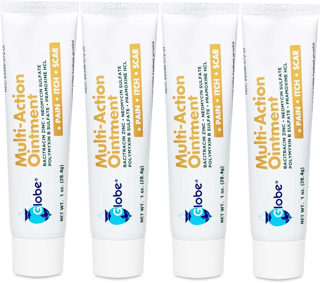 Globe (4 Pack) First Aid Antibiotic Scar Minimizing Pain-Relief, Anti-Itch Ointment with Neomycine, Bacitracin Zink, Pramoxine HCl & Polymyxine B, for Minor Cuts, Scrapes & Burns