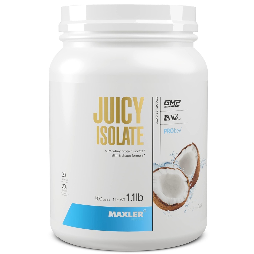 Maxler Juicy Isolaat Proteïnepoeder - Clear Whey Isolaat - Lage Lactose, Vetvrij, Suikervrij Spierherstel Drank voor Pre & Post Workout - 90% eiwit per Serving - Kokosnoot 1.1 lb (20 Servingen)