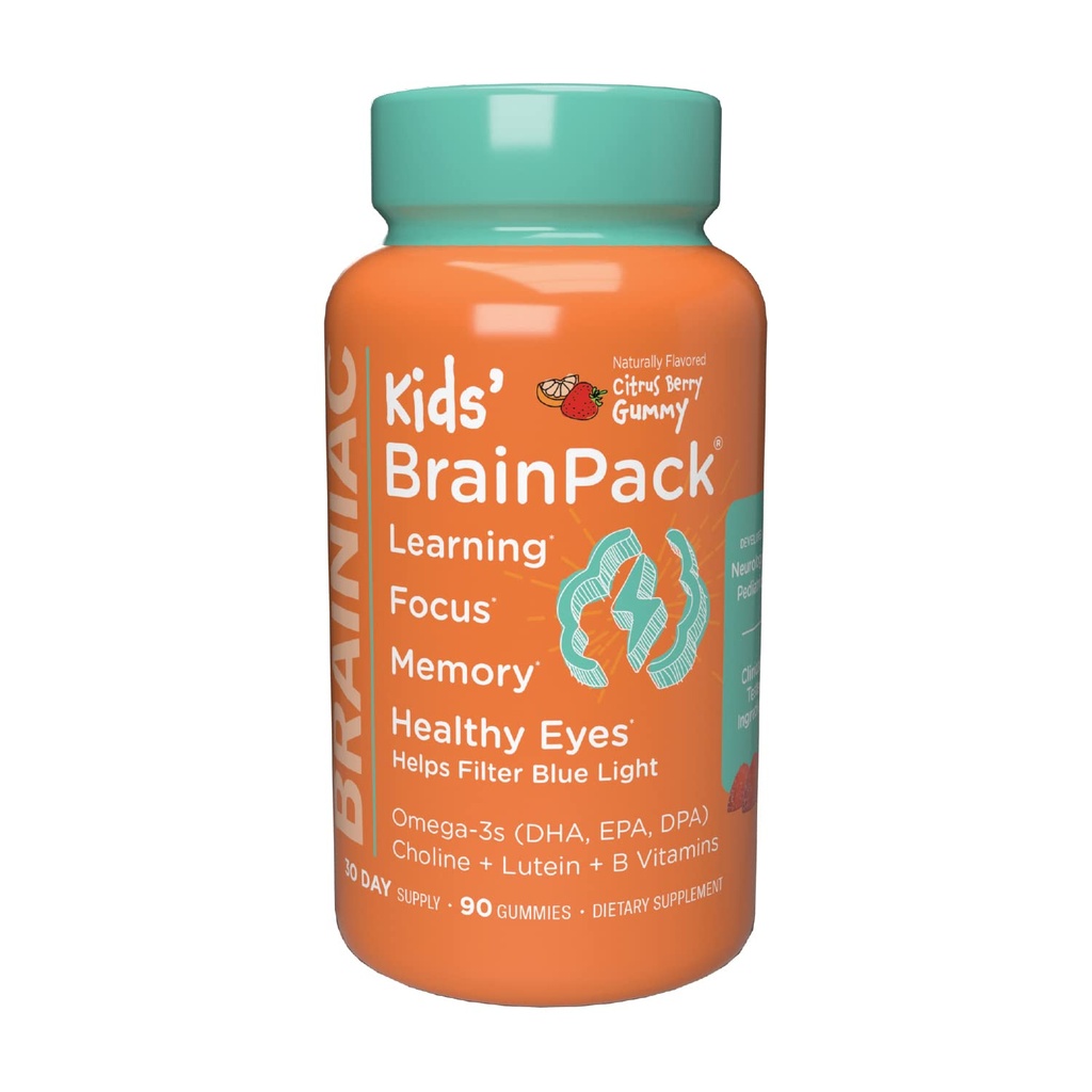 Brainiac Kids Daily BrainPack Gummies, Ondersteunt Brain Health met Omega 3 DHA EPA DPA, Choline, B6 & B12 en Lutein voor ooggezondheid met Immune Support, Citrus Berry Flavor, 90 ct