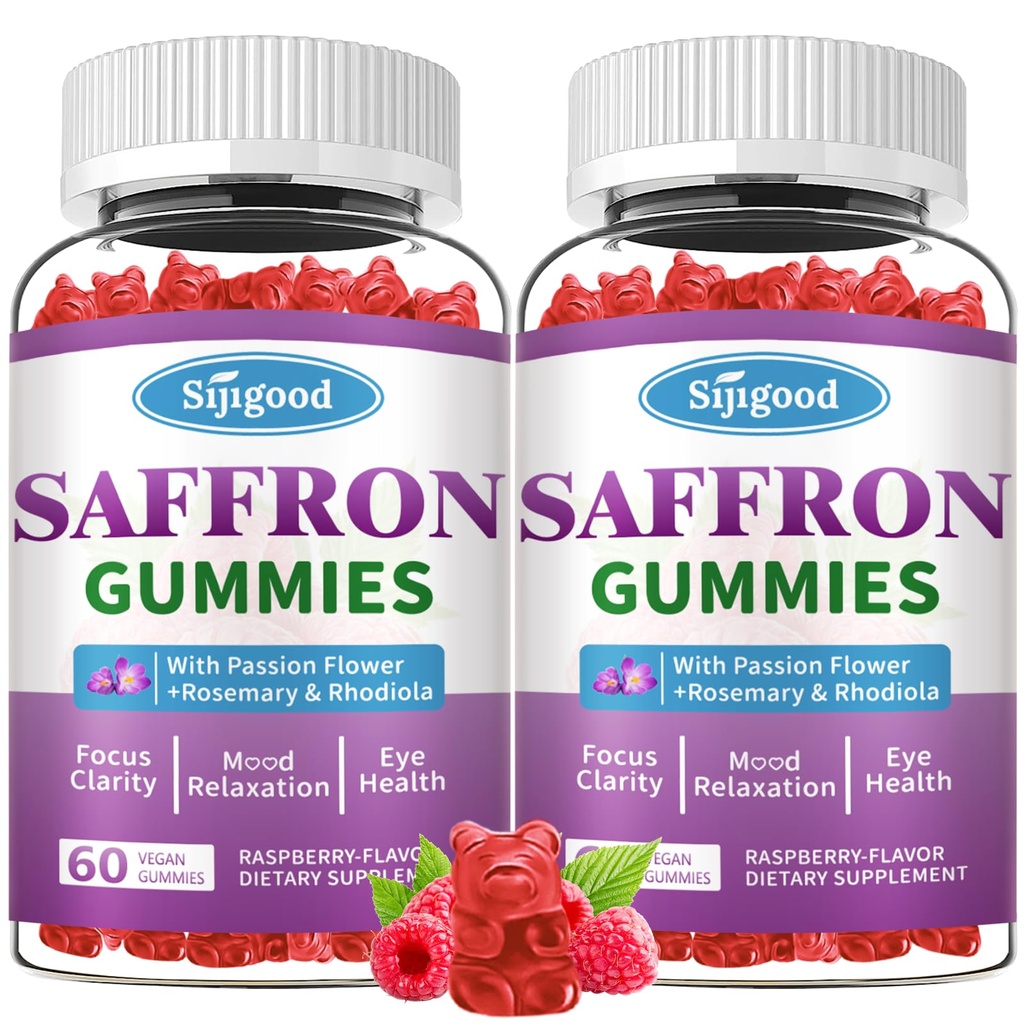 2 Packs Saffron Gummies - Suikervrije Saffron Supplement voor mannen Vrouwen Mood Ondersteuning Supplement met Saffron Extract, Passie Bloem, Magnesium & vitamines voor ontspanning, Focus, Raspberry Flavor
