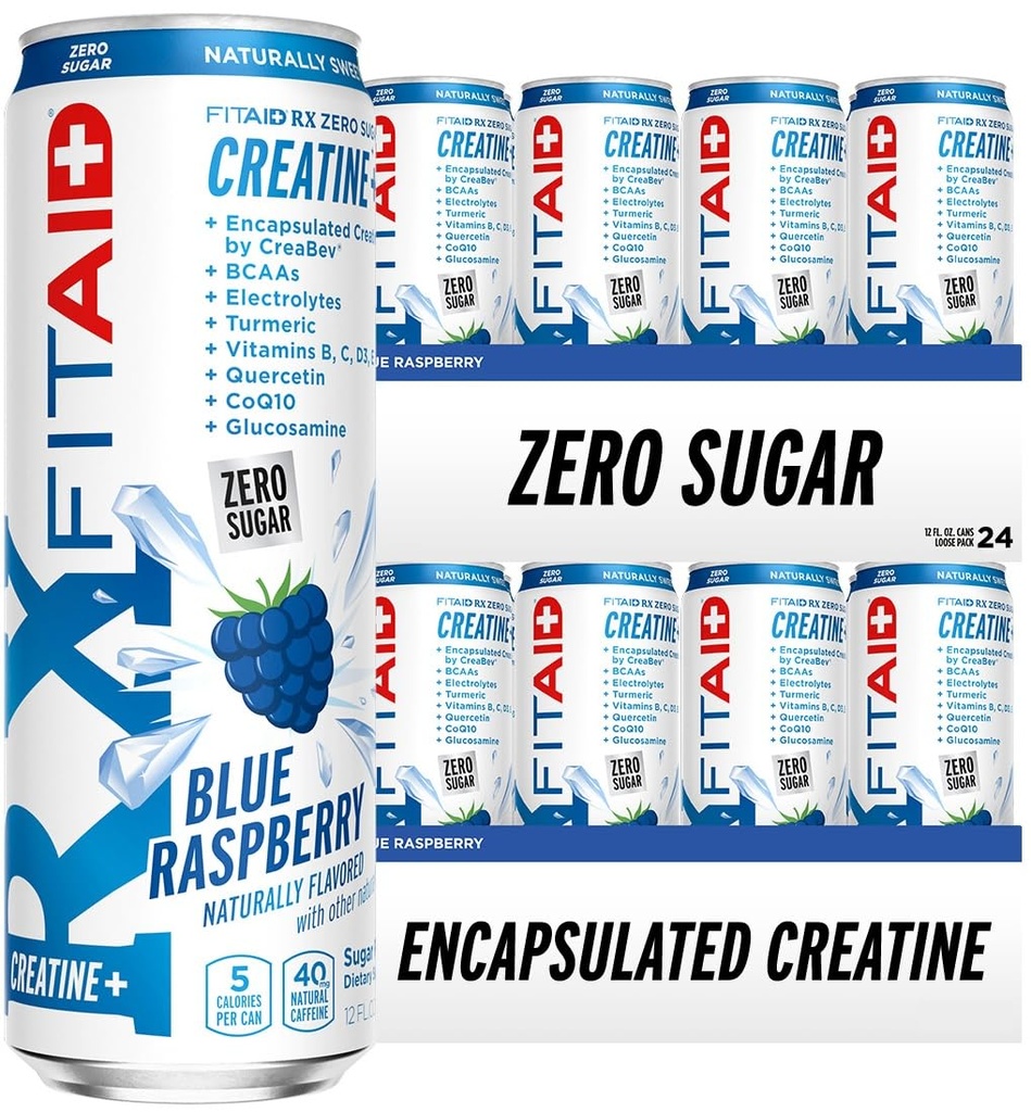 FITAID RX Zero Sugar, Encapsulated Creatine, Workout Recovery Drink, All-In-One Blend, BCAA's, Glucosamine, Kurkuma, B-complex, Electrolytes, Blue Raspberry, 12 Fl Oz (pakket van 24)
