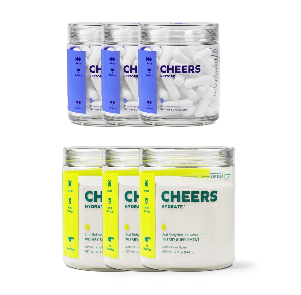 Cheers Classic Combo.Restaurer + Hydraté.Réhydrater et se sentir mieux après avoir bu.DHM, L-Cysteine, B-Vitamines, Electrolytes.