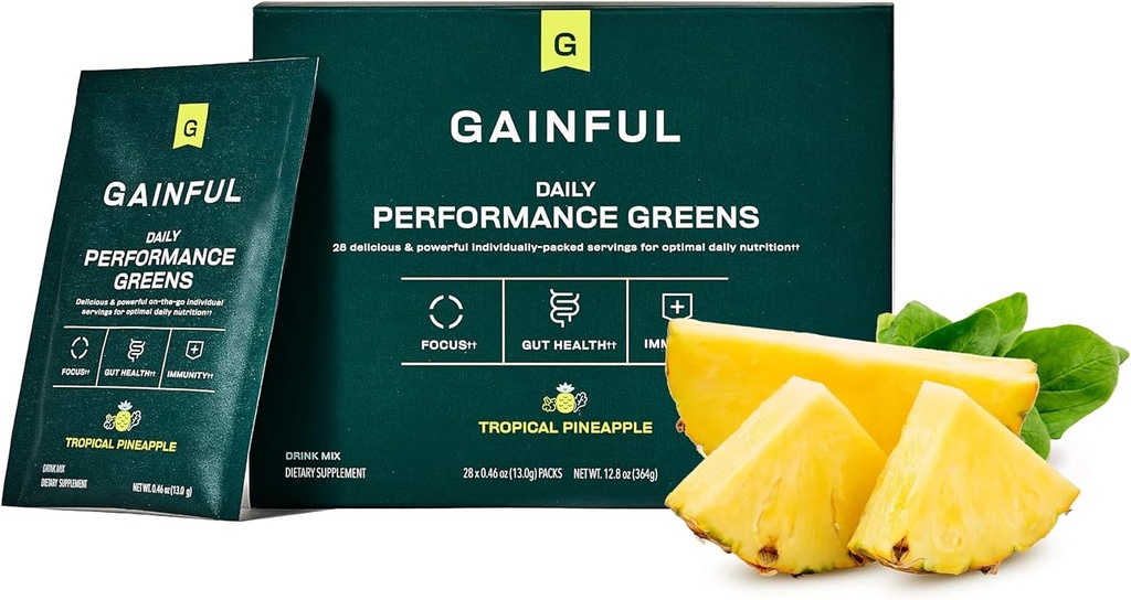 Krachtige dagelijkse prestaties Groene poeders, kokos Ananas, Gut Health, Energie, Focus en Immune Ondersteuning met L Theanine, Biologische Groenen, Chlorella, Gember, Groen + Adaptogen Drink Mix, 28 Packets