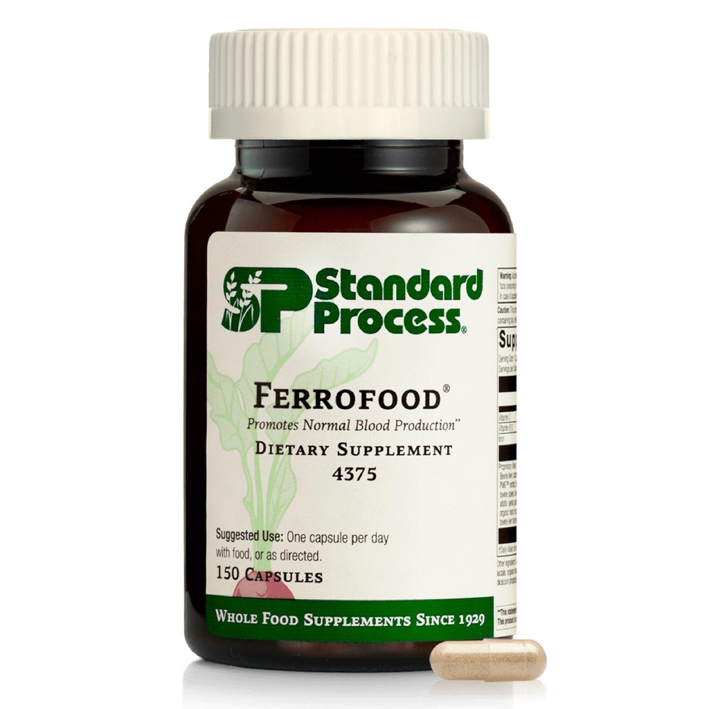 Ferrofood de procédé standard - Supplément pour la santé du sang - Soutien enzymatique aux vitamines B12, C et fer - Non-laiteux et non-soy - 150 capsules (40 portions)