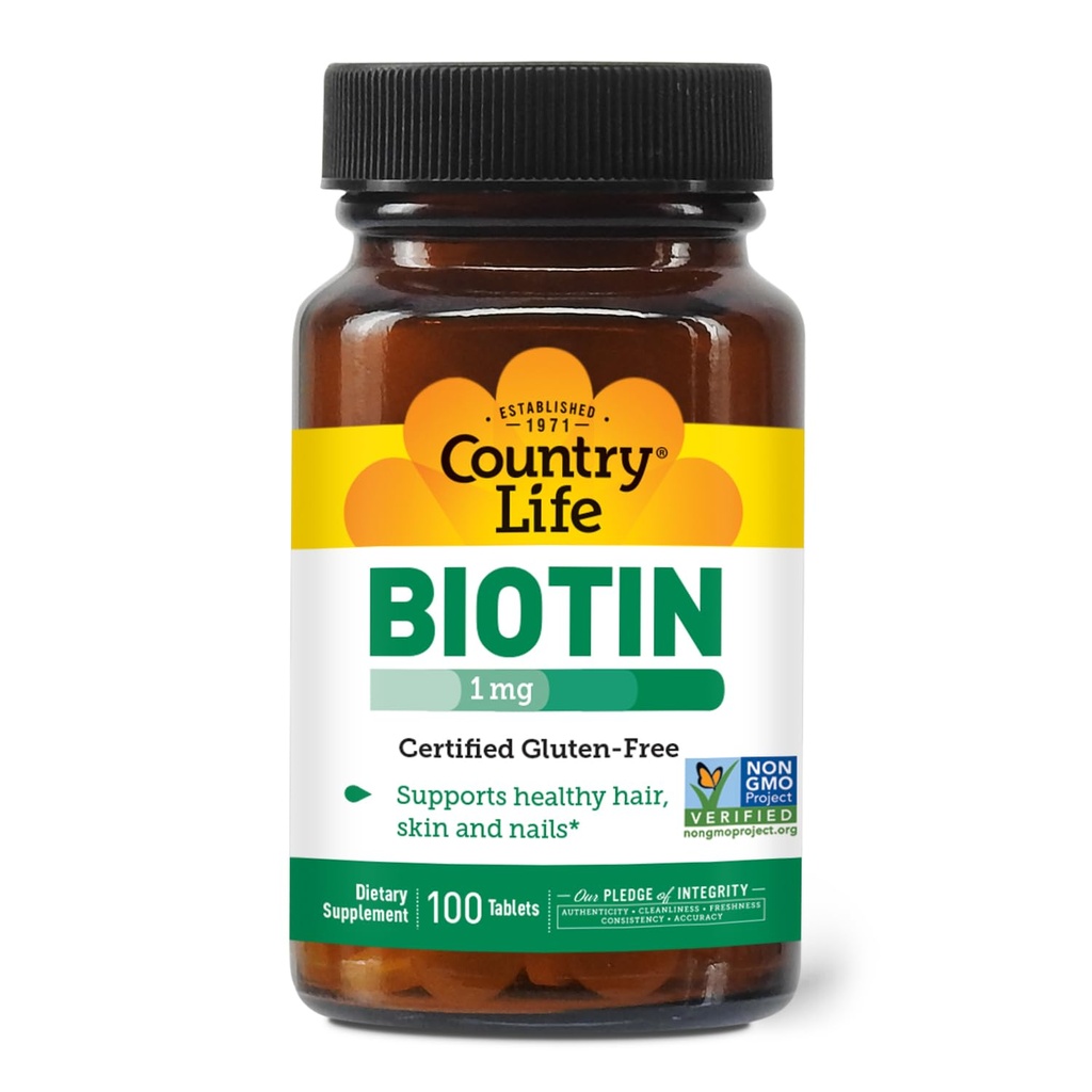 Country Life Biotin 1mg ondersteunt gezond haar, huid en nagels, 100 tabletten, gecertificeerd glutenvrij, Certified Vegan, Certified Halal, Niet-GMO geverifieerd