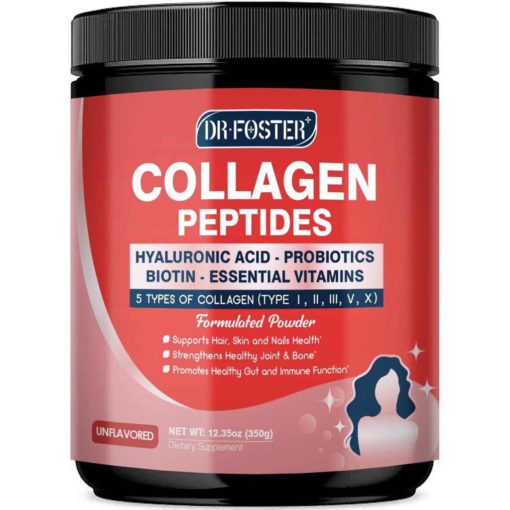 Multicollagen Peptides Powder with Probiotics - Type I II III V X - Gehydrolyseerde collagen Peptides with Multivitamines, Hyaluronic Acid & Biotin - Support Skin Hair Nail Joints & Gut, 35 Servings