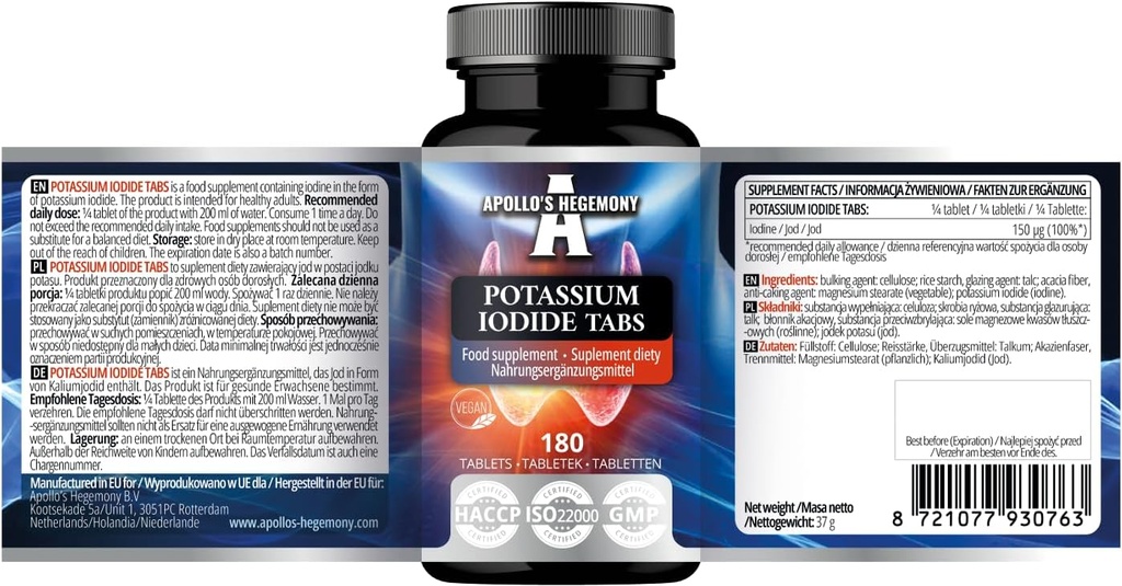 Kaliumjodide 150 mcg per Portie - 180 Vegan tabletten - 720 porties - voor Optimale Glandfunctie en Energie Metabolisme - Voedingssupplement van Apollo's Hegemony