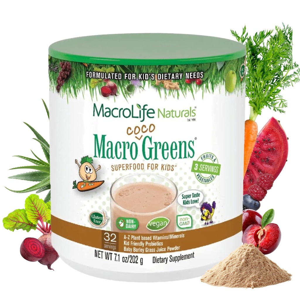 MacroLife Naturals MacroCoco Greens Chocolate Superfood Powder for Kids Raw Fruits Veggies Probiotics & Digestive Enzymes, Immunity Energy, Non-GMO, Vegan, Gluten, Dairy Free - 7oz (32 porties)