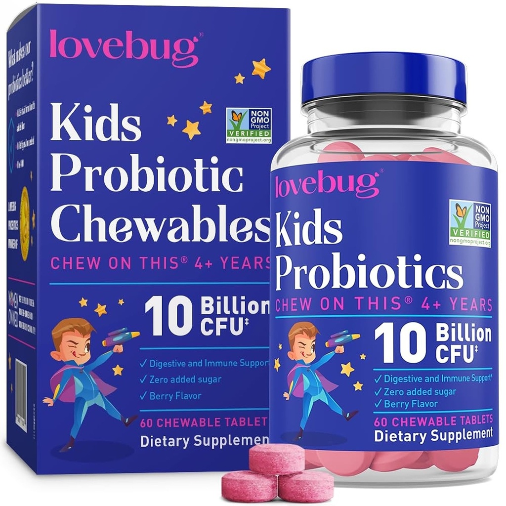 LOVEBUG Probiotica voor kinderen Probiotische Kauwtabletten met prebiotische vezel voor leeftijd 4+,Daily Kinderen Gut Health & Digestieve Ondersteuning Supplement, suikervrije Berry smaak, 60 Tellen
