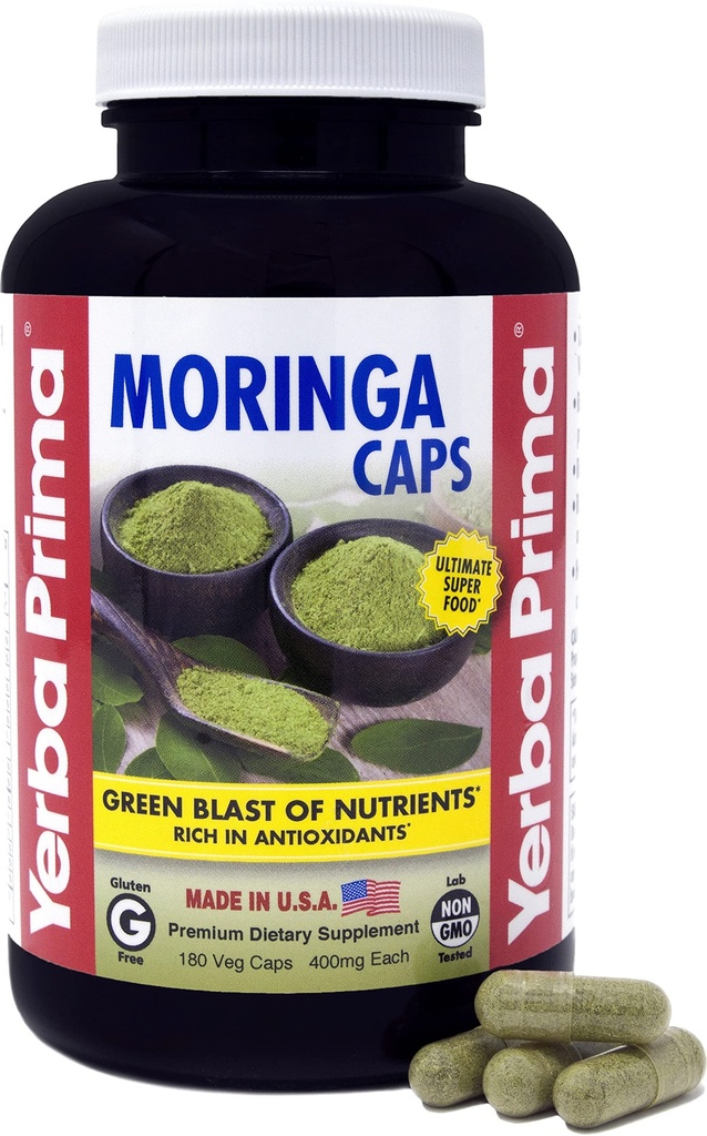 Yerba Prima Moringa, 180 Comte Veg Caps - 400mg de Pure, Poudre de feuille séchée, Blast vert de nutriments, Riche en antioxydants, 100% Pure, Super Food, Non-OGM, Vegan Friendly, Sans gluten, USA Made