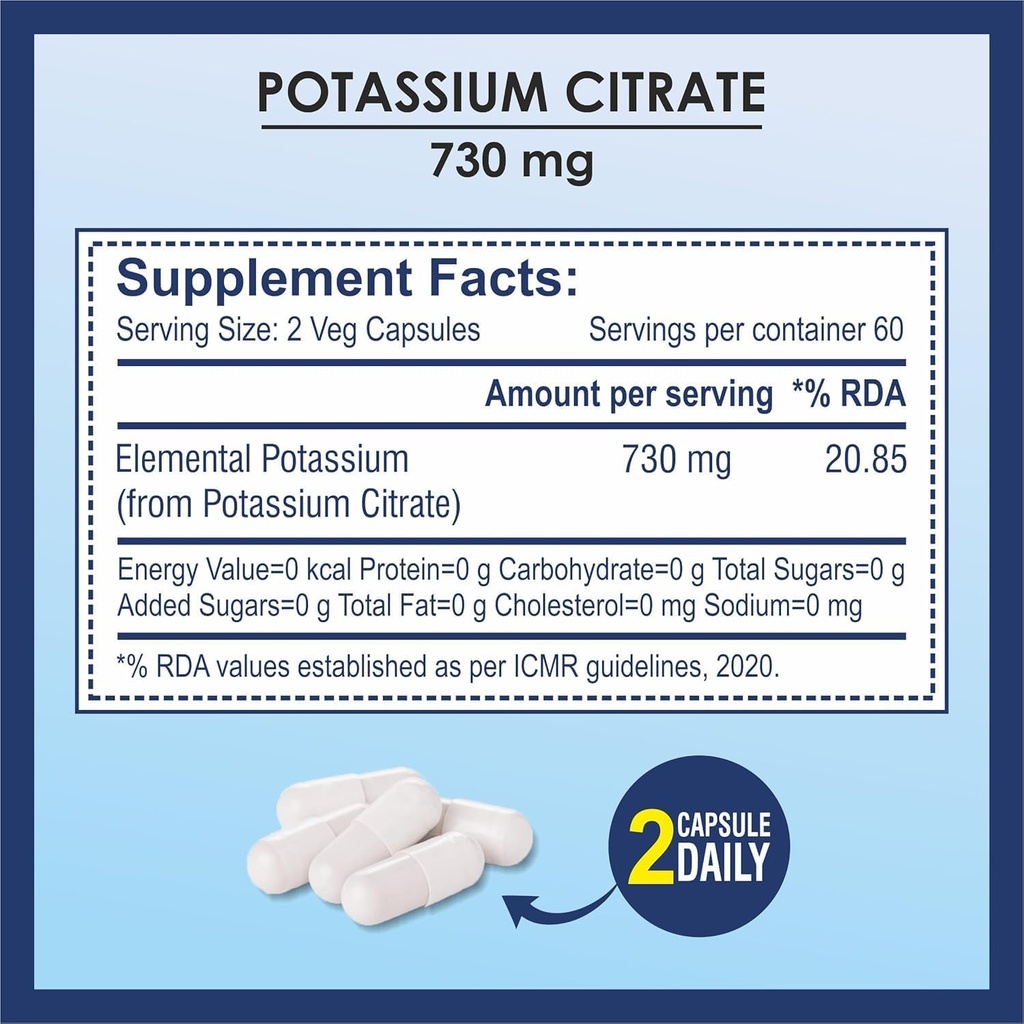 Kalium citraat 730 mg supplement, ondersteunt nierfunctie & gezonde spier - 120 plantaardige capsules