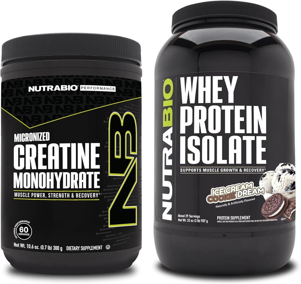 NutraBio Créatine monohydratée, non aromatisée, 300g et Isolée de protéines de lactosérum, rêve de cookie de crème glacée, supplément - énergie musculaire, croissance musculaire maigre, récupération et force