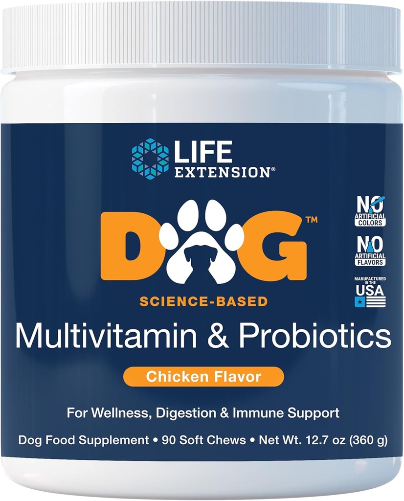 Life Extension Hond Multivitamine & Probiotica - Hondenvoeding Supplement voor algemene gezondheid, spijsvertering en immuunondersteuning - Vitaminen, Probiotische Blend, Colostrum (Bovine) - 90 Zachte Kauwen