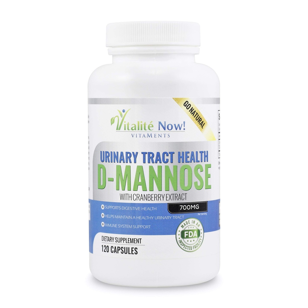Mannose pur à haute résistance avec extrait de canneberge pour les infections urinaires naturelles et le soutien UTI - Santé digestive - Soutien du système immunitaire - 700mg - Non-OGM - 120 pilules