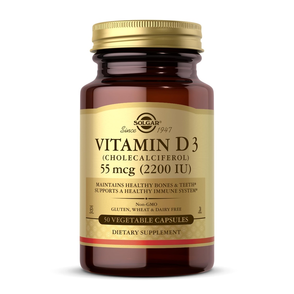 Solgar Vitamine D3 (Cholecalciferol) 55 mcg (2200 IE), 50 plantaardige capsules - Helpt gezonde botten en tanden - Immuunsysteemondersteuning - Non-GMO, Glutenvrij, Zuivelvrij, Kosjer - 50 porties