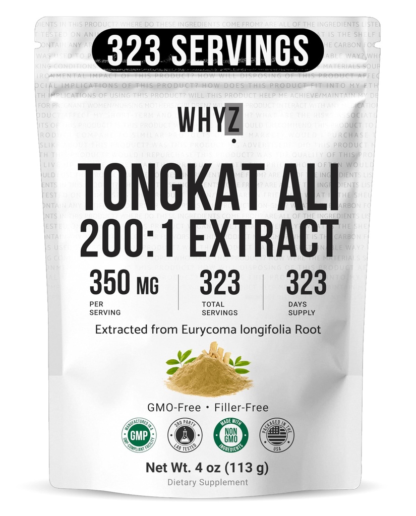 WHYZ Tongkat Ali Powder 113g, Pure Longjack 200:1 Extrait Eurycoma Longifolia Supplément poudre pour une performance physique accrue et le bien-être, Longjack Tongkat Ali pour les hommes et les femmes, 323 portions