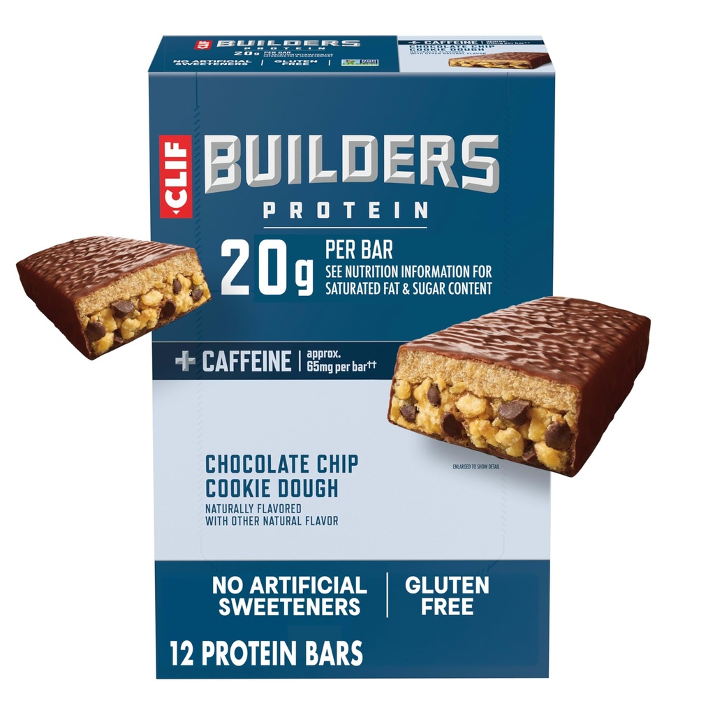 CLIF BUILDERS + Cafeïne proteïnerepen - Chocolade Chip Cookie deeg smaak - 20g plantaardige eiwit - Glutenvrij - Non-GMO - Lage Glykemie - Geen kunstmatige zoetstoffen - 2.4 oz. (12 Pack)