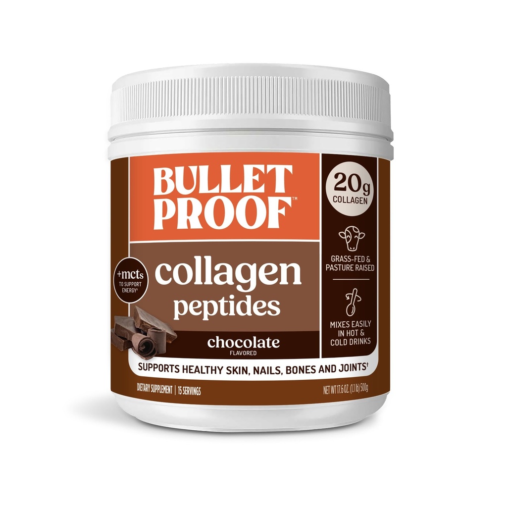 Kogelvrij Chocolate Collageen Proteïne Poeder met MCT olie, 19g Proteïne, 17,6 Oz, Collageen Peptiden en Aminozuren voor gezonde huid, botten en gewrichten, verpakking mei Vary