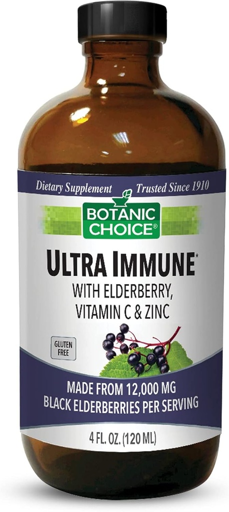 Botanische keuze - Ultra Immune, Bevat vlierbes met zink en vitamine C, zwarte vlierbessen siroop voor volwassenen en kinderen, vloeibare vitaminen voor Immune Ondersteuning, 4 Oz