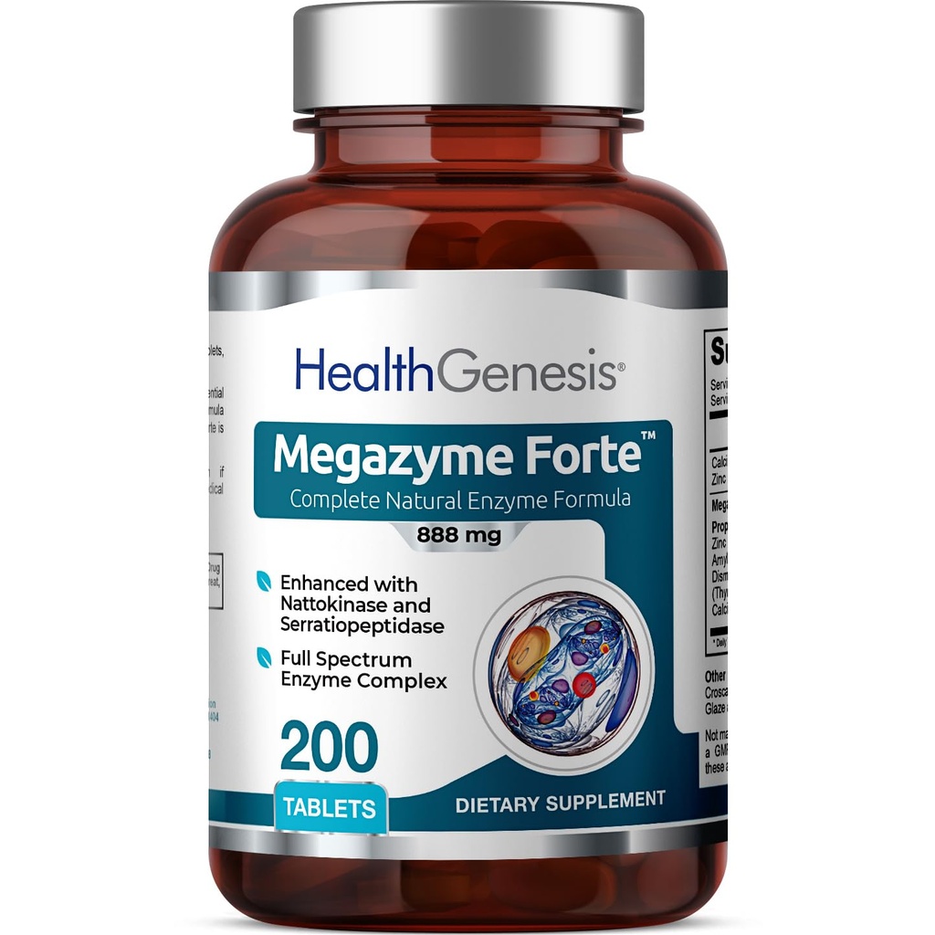 Megazyme Forte 200 Comprimés - Enzymes protéolytiques naturelles des plantes Nattozimes Serrazimes soutient le système digestif Imune Santé