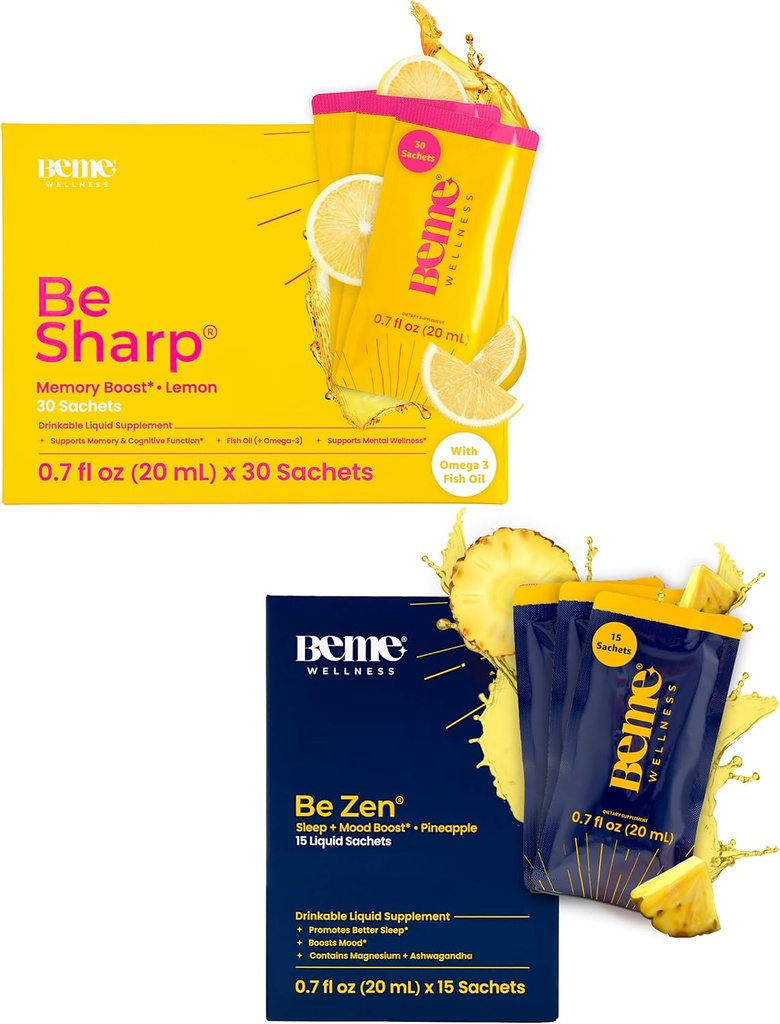 BeMe BeSharp & BeZen Bundle - Suppléments liquides Oméga-3 et Magnésium Glycinate L-Theanine